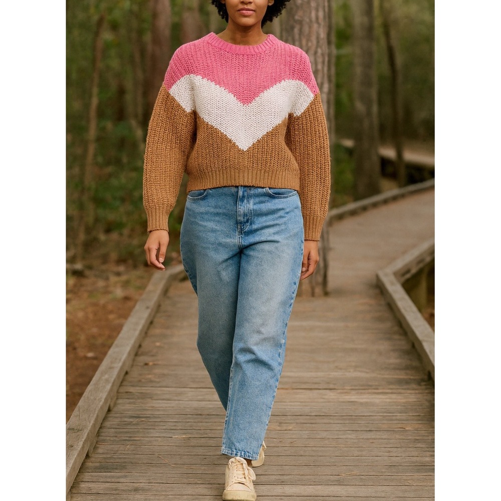 Harper Multicolor Pink Cabincore Chunky‎ Knit Pullover Women's Sweater M Preppy